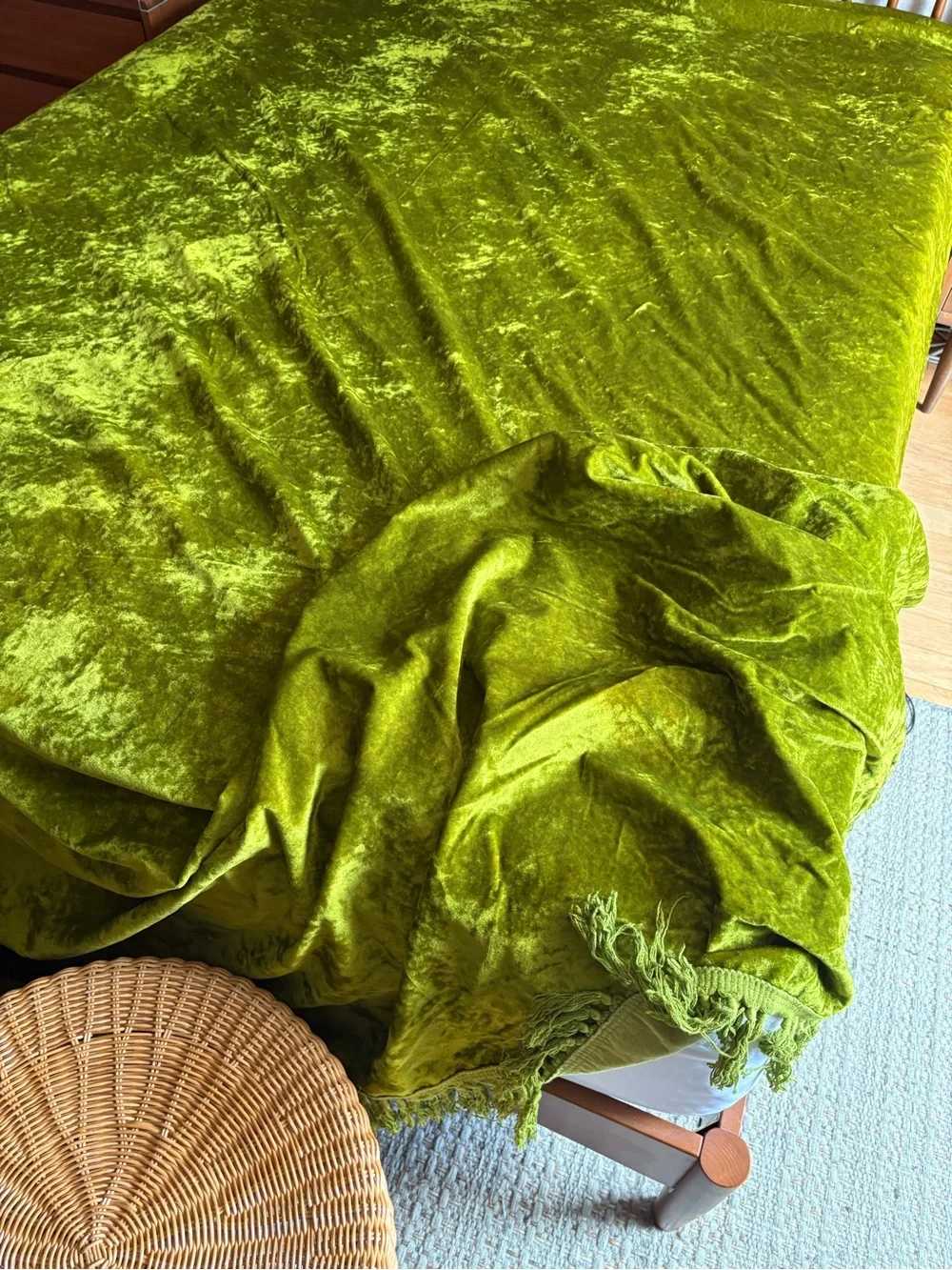 Vintage MCM Bedspread Plush Velvet Bedspread in Olive Green with Fringe